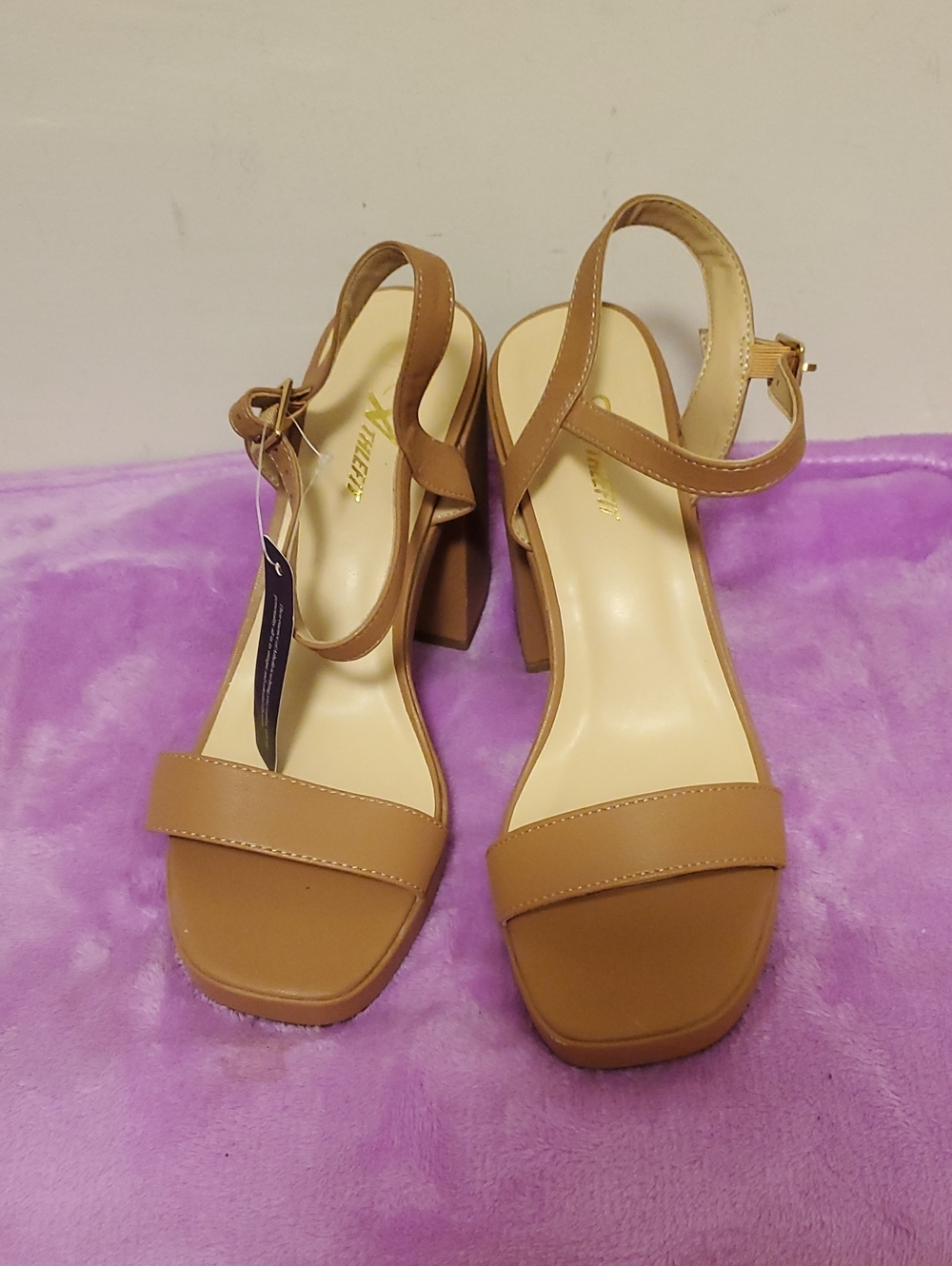 Women's Tan Block Heel Sandals with Ankle Strap - Classic Everyday Style